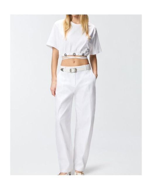 Pinko White Lace-Up Cropped T-Shirt