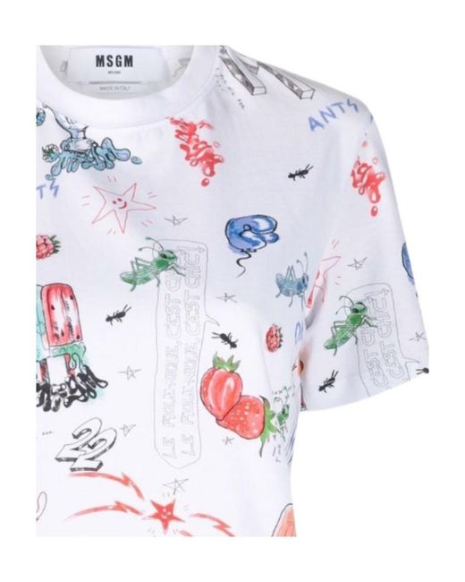 MSGM White Illustration-Print Cotton T-Shirt