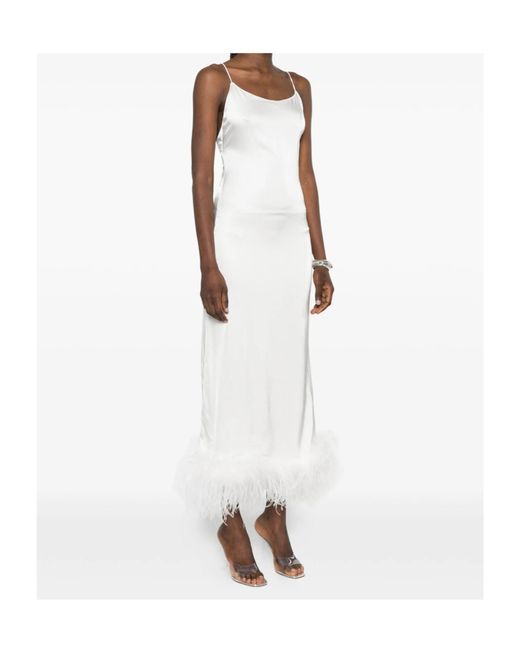 Oseree White Feather-Trim Midi Dress