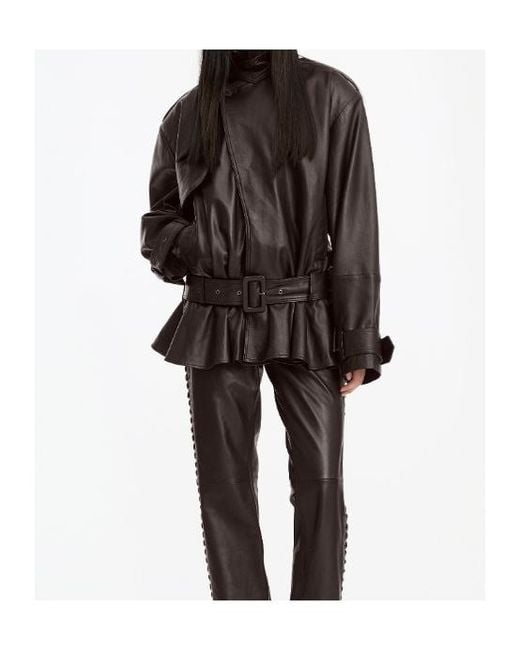 ROTATE BIRGER CHRISTENSEN Brown Belted Peplum Biker Jacket