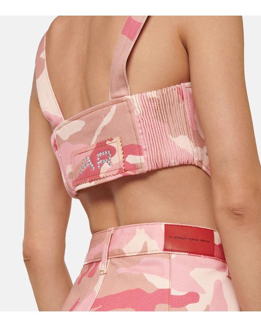 Alessandra Rich Pink Camouflage-Patterned Cotton Bra Top