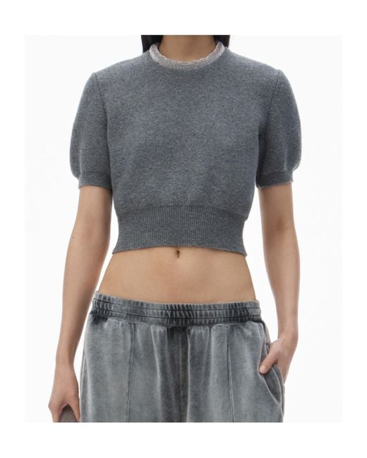 Alexander Wang Gray Short Sleeves Crystal Tubular Necklace T-Shirt Charcoal