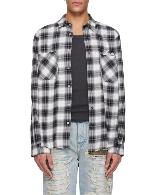 Amiri Gray Long-Sleeved Checked Shirt for men