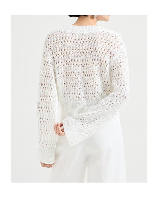 Brunello Cucinelli White Openwork V-Neck Knitted Sweater