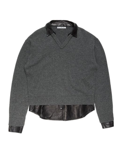 Acne Gray Leather-Trim V-Neck Sweater