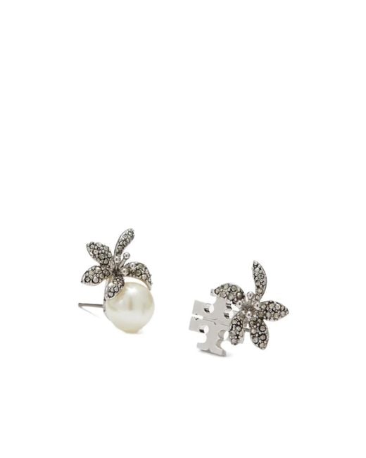 Tory Burch White Floral Embellished Stud Earrings