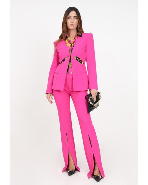 Versace Jeans Pink Couture Logo-Lettering Front-Slits Flared Trousers