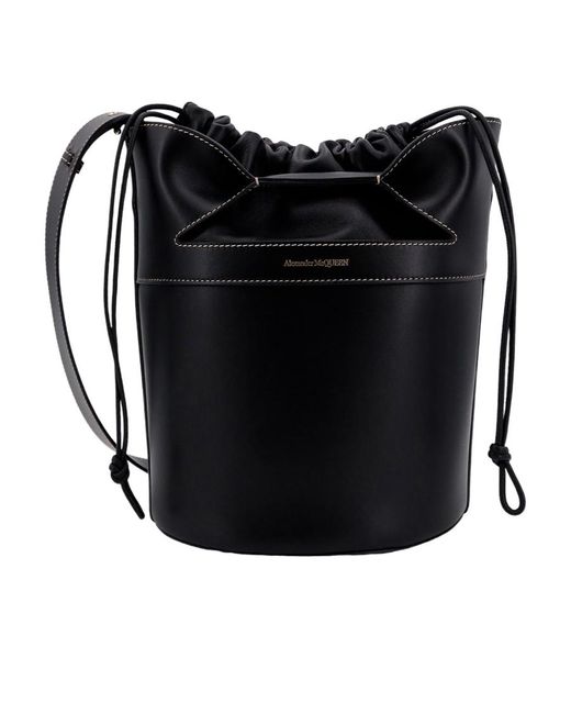 McQueen Black Logo Printed Drawstring Bucket Bag