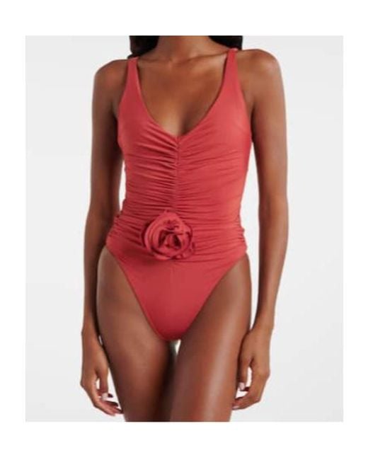 Magda Butrym Red Floral-Appliqué Ruched Swimsuit