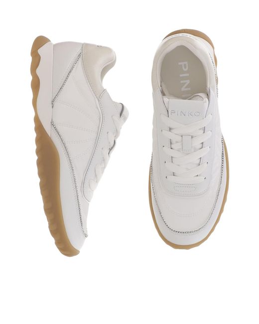 Pinko White Crystal-Embellished Leather Sneakers