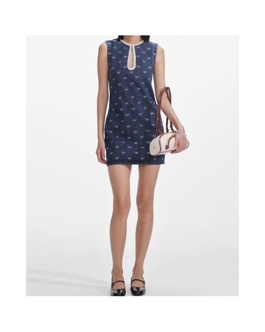 Self-Portrait Blue Crystal-Bow Denim Mini Dress