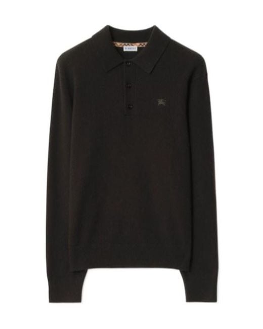 Burberry Black Equestrian Knight Embroidery Long-Sleeve Polo Shirt for men