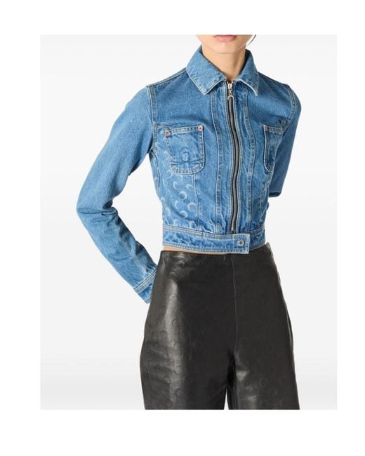 MARINE SERRE Blue Cropped Moon-Pattern Denim Jacket