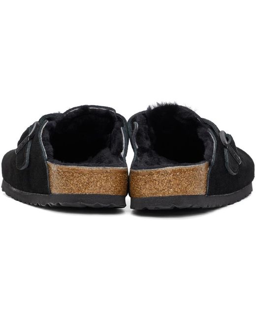Birkenstock Black Boston 'Mink' Shearling Mules