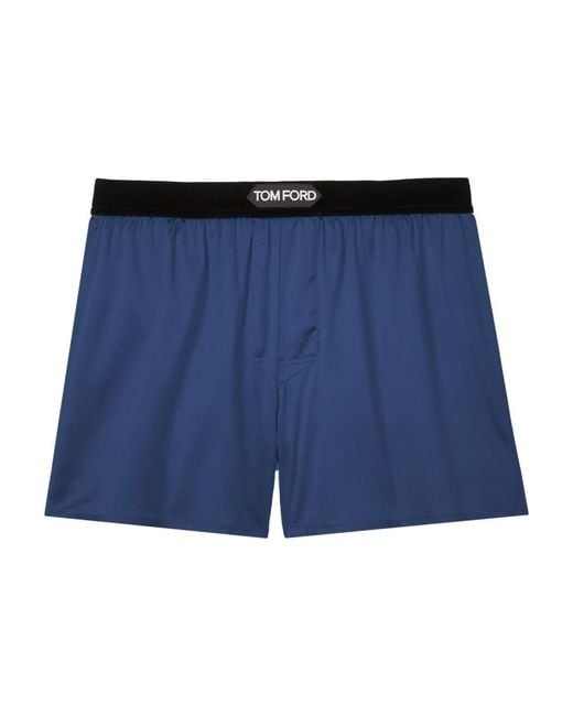 Tom Ford Blue Silk-Blend Logo-Waist Boxers for men