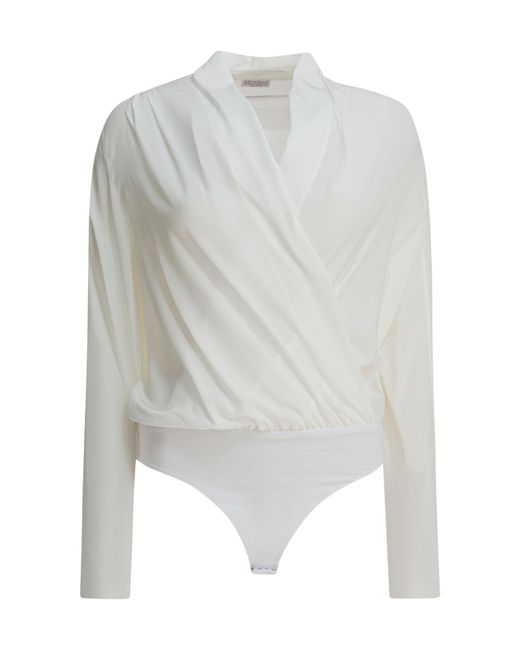 Brunello Cucinelli White V-Neck Long Sleeved Bodysuit