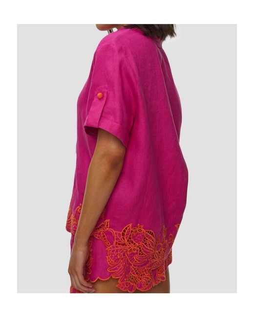 Farm Rio Pink Guipure-Lace-Trim Short-Sleeve Shirt