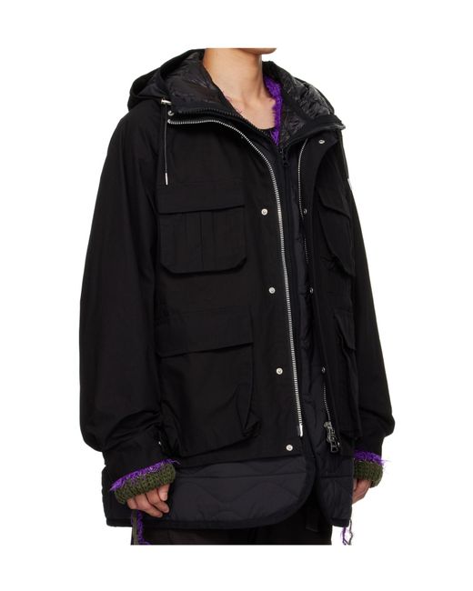 Sacai Black Zipped Hooded Coat for men