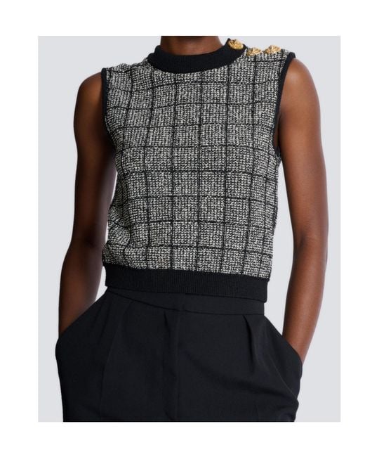 Balmain Gray Tweed Crop Top With Buttons