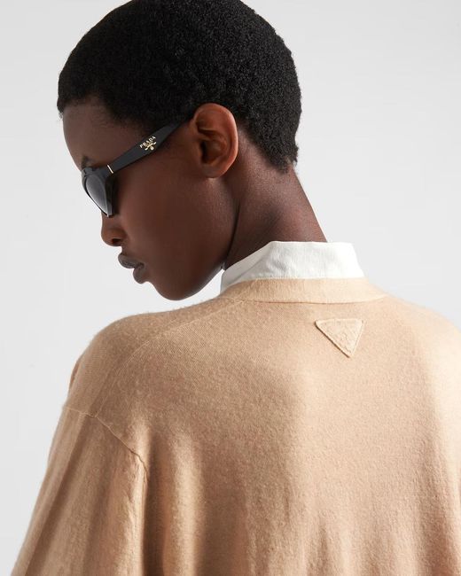 Prada Natural Triangle-Logo V-Neck Cardigan