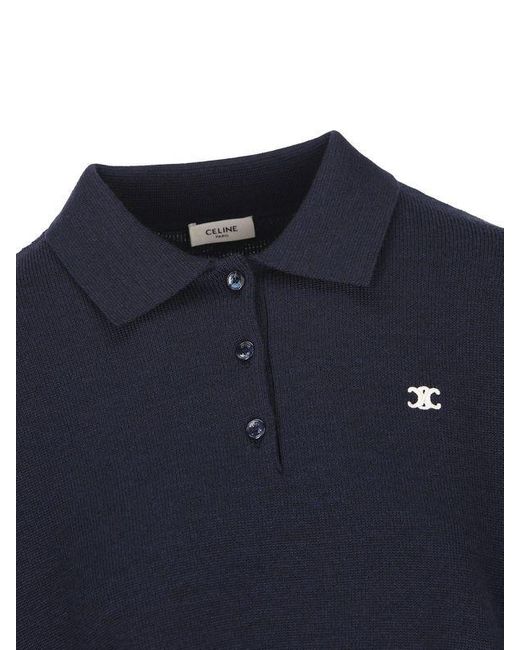 Celine Triomphe Cropped Polo in Blue | Lyst