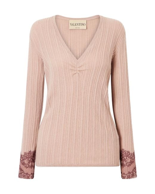 Valentino Pink Lace-Trimmed Ribbed Cashmere Sweater