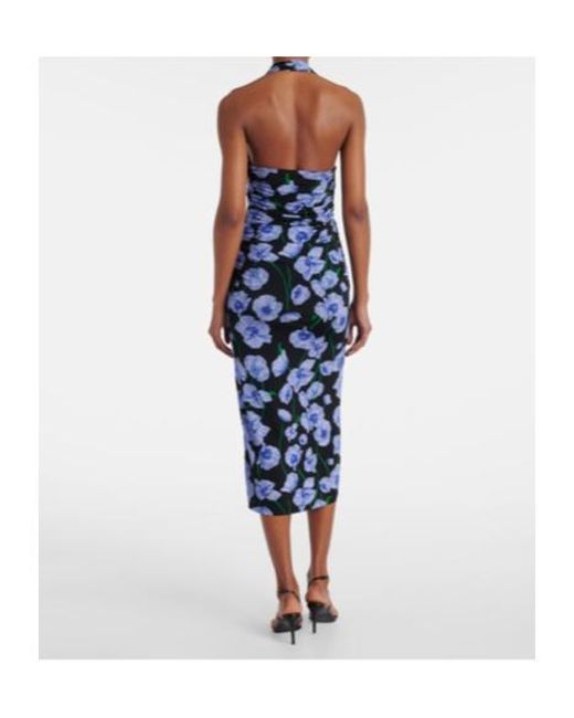 Carolina Herrera Blue Floral Gathered Midi Dress