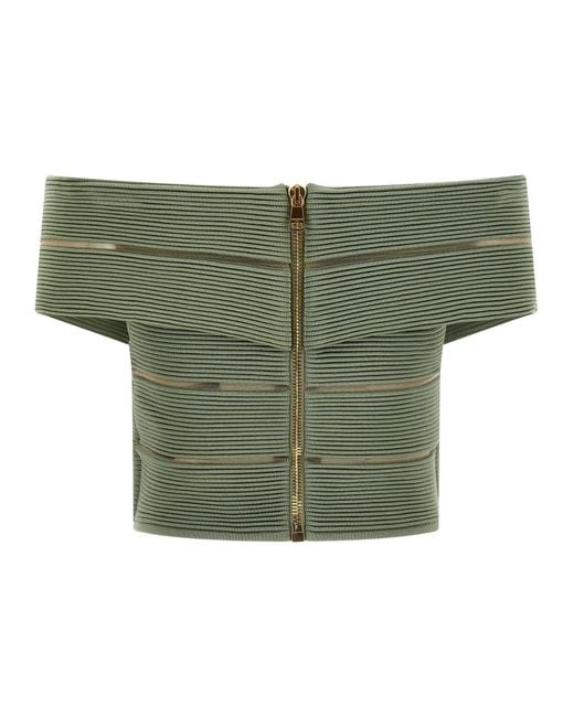 Balmain Green Off-The-Shoulder Crop Top