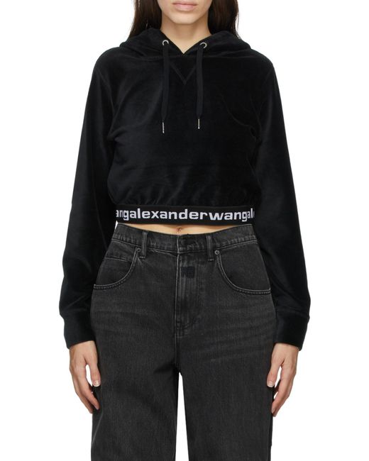 Alexander Wang Black T By Logo Cropped Corduroy Hoodie
