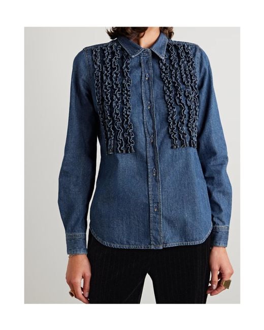 Nili Lotan Blue Lexa Ruffled Denim Shirt