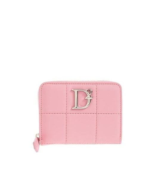 DSquared² Pink Logo Plaque Zip-Around Quilted Wallet