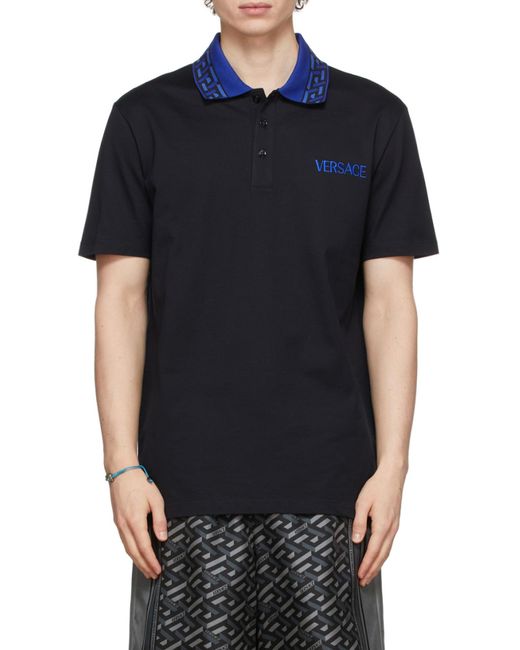 Versace Black Intarsia Logo Short-Sleeved Polo Shirt for men
