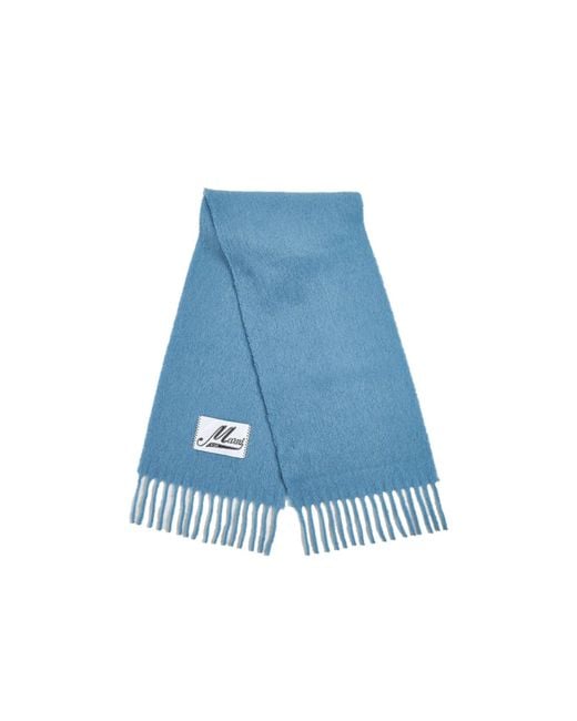 Marni Blue Logo Patch Fringed-Edge Scarf