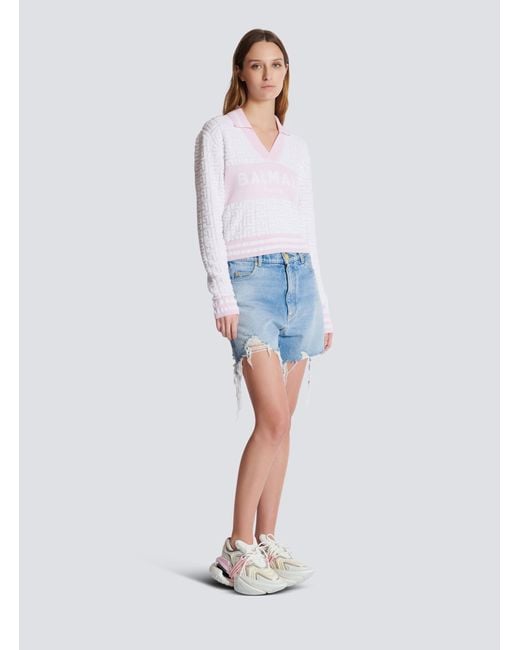 Balmain White Pb Monogram Jacquard Knit Polo Shirt
