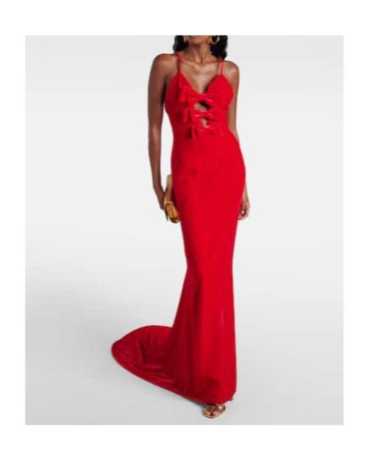 Alessandra Rich Red Velvet Dress With Bow Decoration