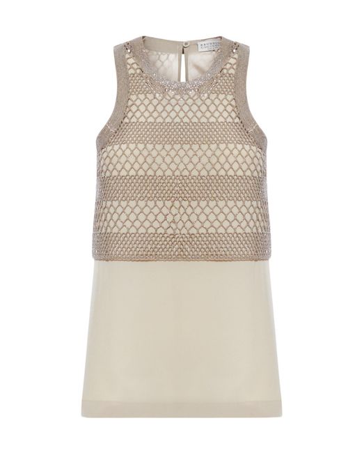 Brunello Cucinelli Natural Embellished-Neck Cut-Out Top