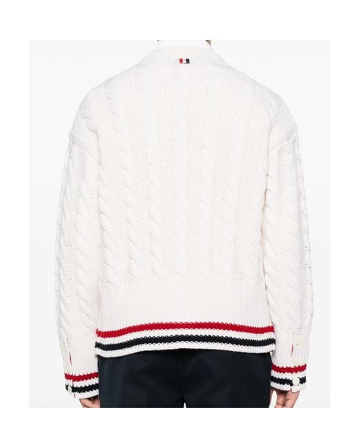 Thom Browne White V-Neck Long-Sleeved Knitted Sweater for men