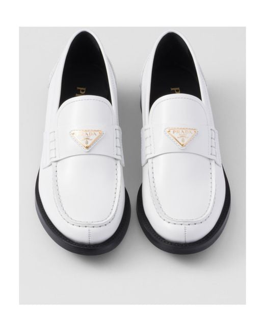 Prada White Triangle-Logo Slip-On Loafers