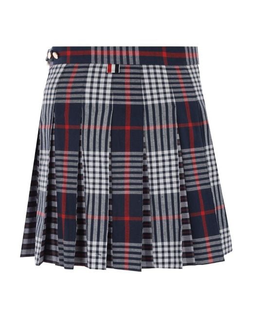 Thom Browne Blue Checked Pleated Asymmetrical Skirt