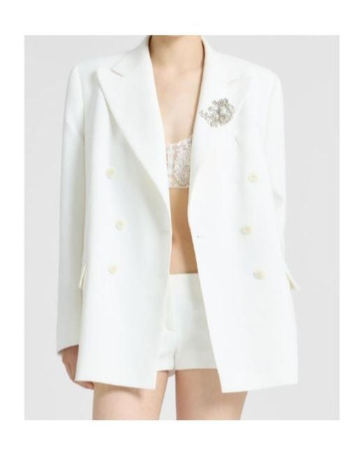 Ermanno Scervino White Double-Breasted Cadì Viscose Jacket With Daisy Brooch