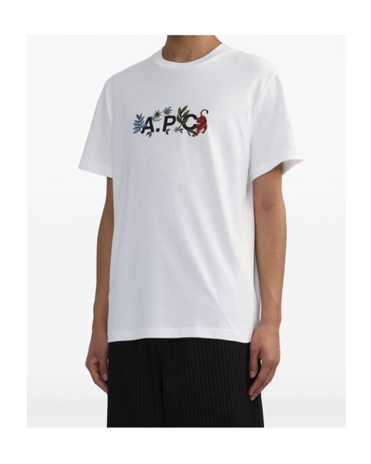 A.P.C. White Logo Printed Crewneck T-Shirt for men