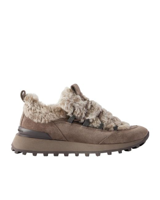 Brunello Cucinelli Brown Beaded Round-Toe Sneakers