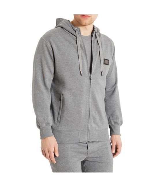 Dolce & Gabbana Gray Logo-Plaque Cotton Hoodie for men