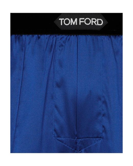 Tom Ford Blue Logo Waistband Satin Pajama Trousers for men