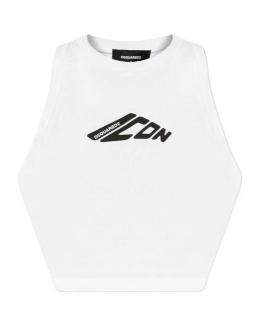DSquared² White Icon Printed Cropped Tank Top