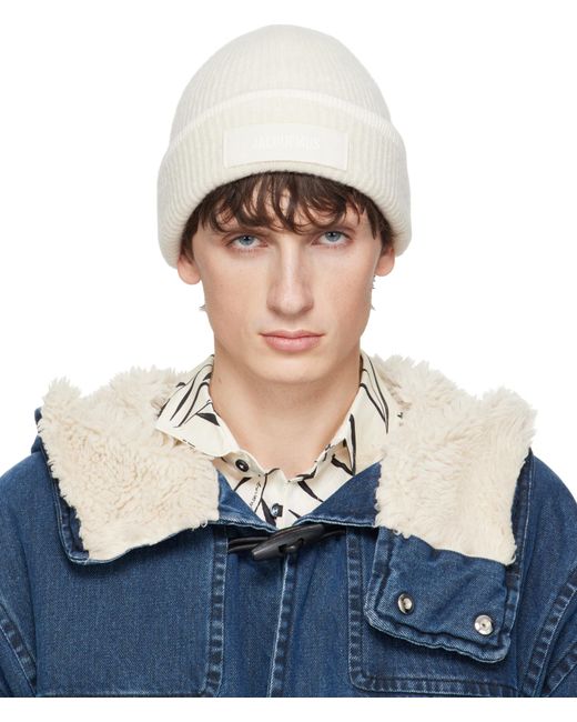 Jacquemus White 'Le Berret Gros Grain' Beanie With Logo Patch On The Front And Ribbed Knit for men