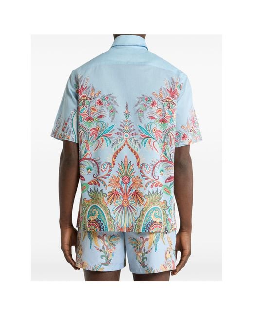 Etro Blue Cotton Shirt With Placed Floral Print for men