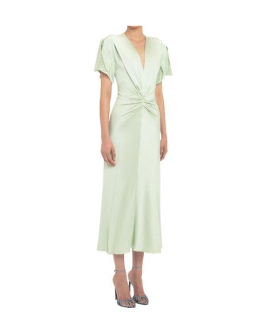 Victoria Beckham Green Gathered V-Neck Midi Dress