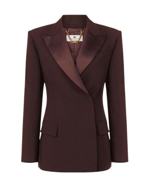 Elisabetta Franchi Brown Satin Lapels Double-Breasted Jacket