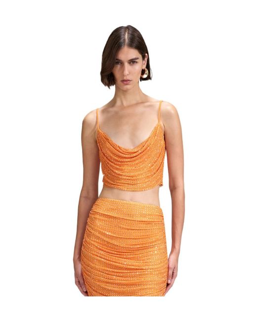 Self-Portrait Orange Rhinestone Mesh Top